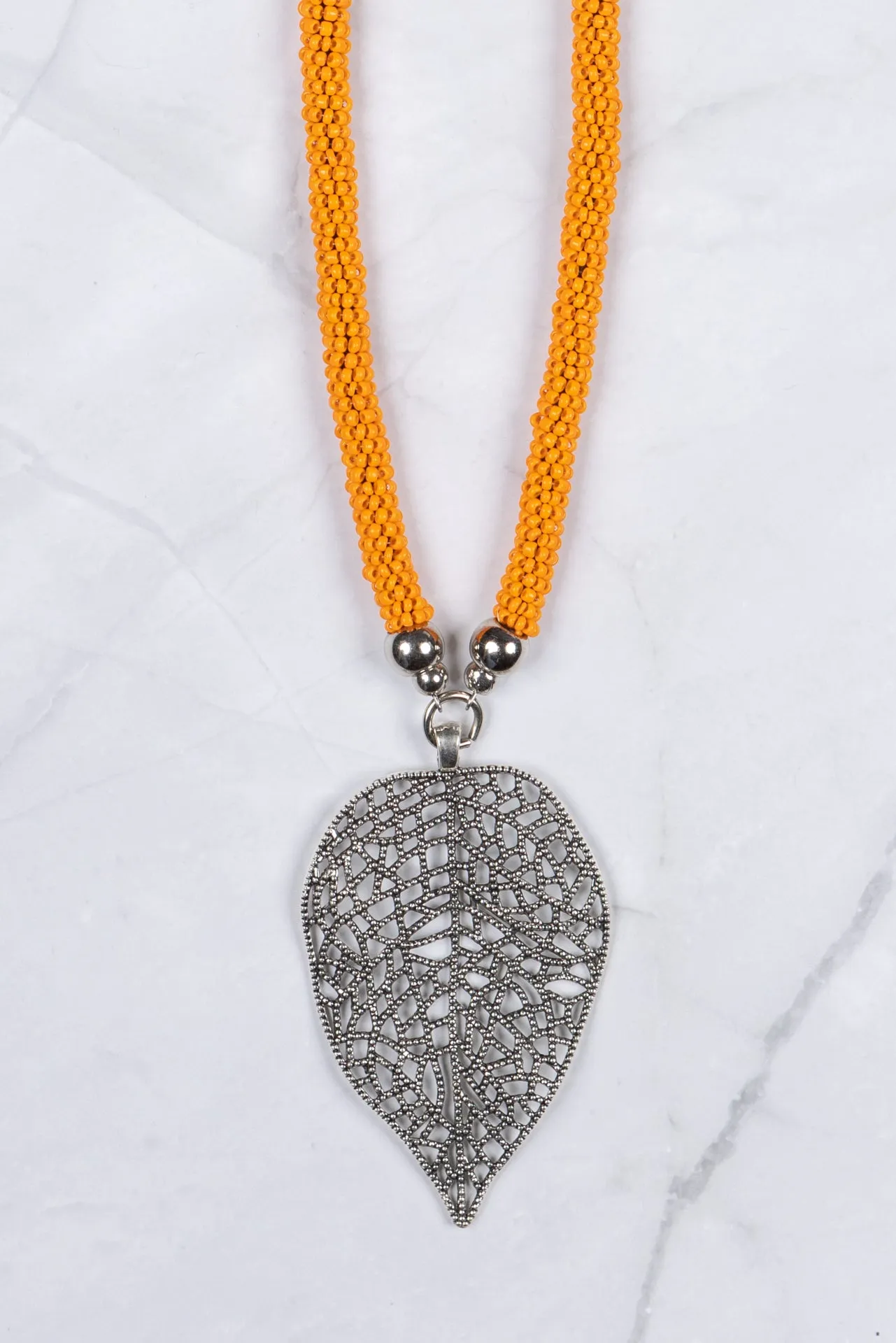 Bright Orange Beaded Leaf Pendant Necklace