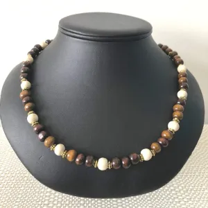 Brown and Beige Wood Beaded Mens Necklace