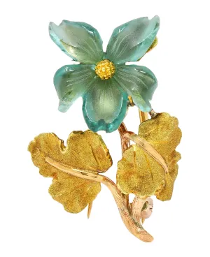 Buccellati 1960s Carved Fluorite 18 Karat Two-Tone Gold Vintage Dogwood Flower Brooch