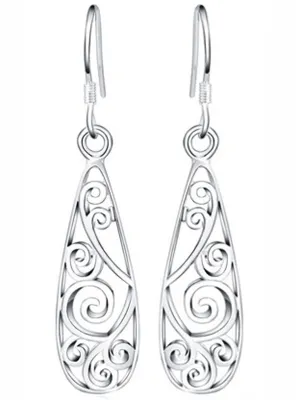 Classic Open Etched Sterling Silver Plated Tear Drop Hook Earrings