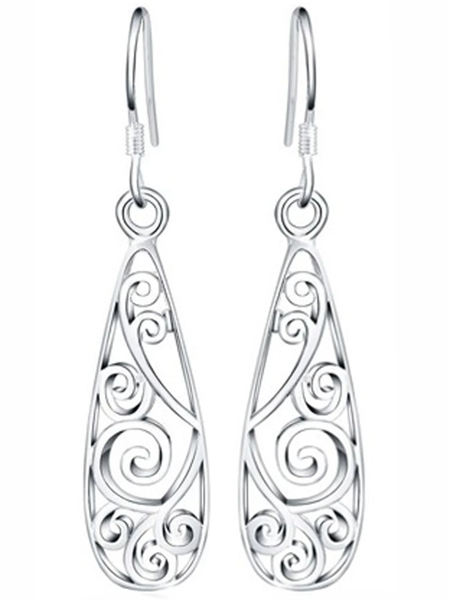 Classic Open Etched Sterling Silver Plated Tear Drop Hook Earrings