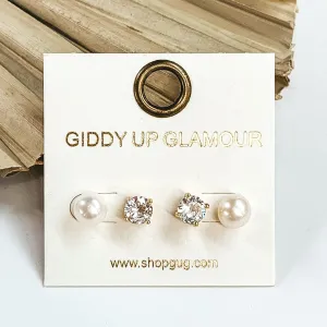 Clear Crystal and Pearl 2 Piece Stud Earring Set in Gold Tone