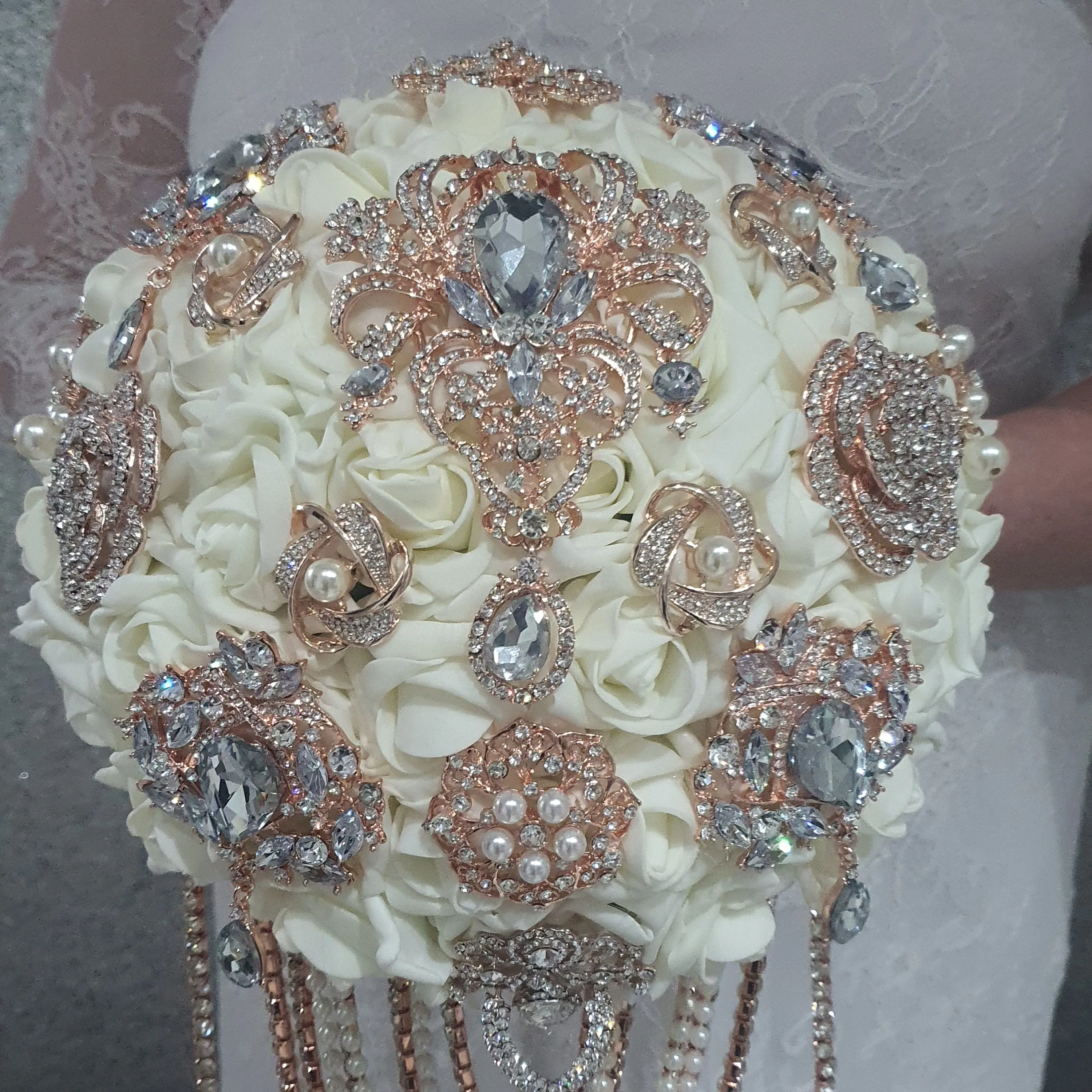 Crystal Brooch and Pearl drape  bouquet by Crystal wedding uk