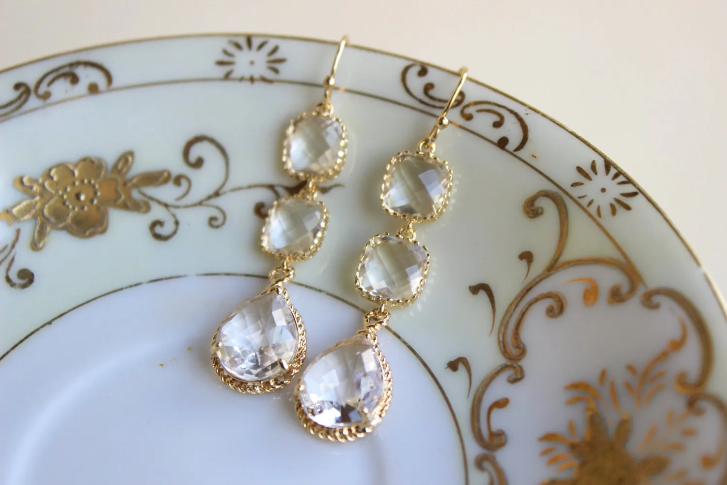 Crystal Earrings Gold Plated Clear Three Tier - Crystal Bridesmaid Jewelry - Wedding Earrings - Crystal Bridal Earrings - Christmas Gift