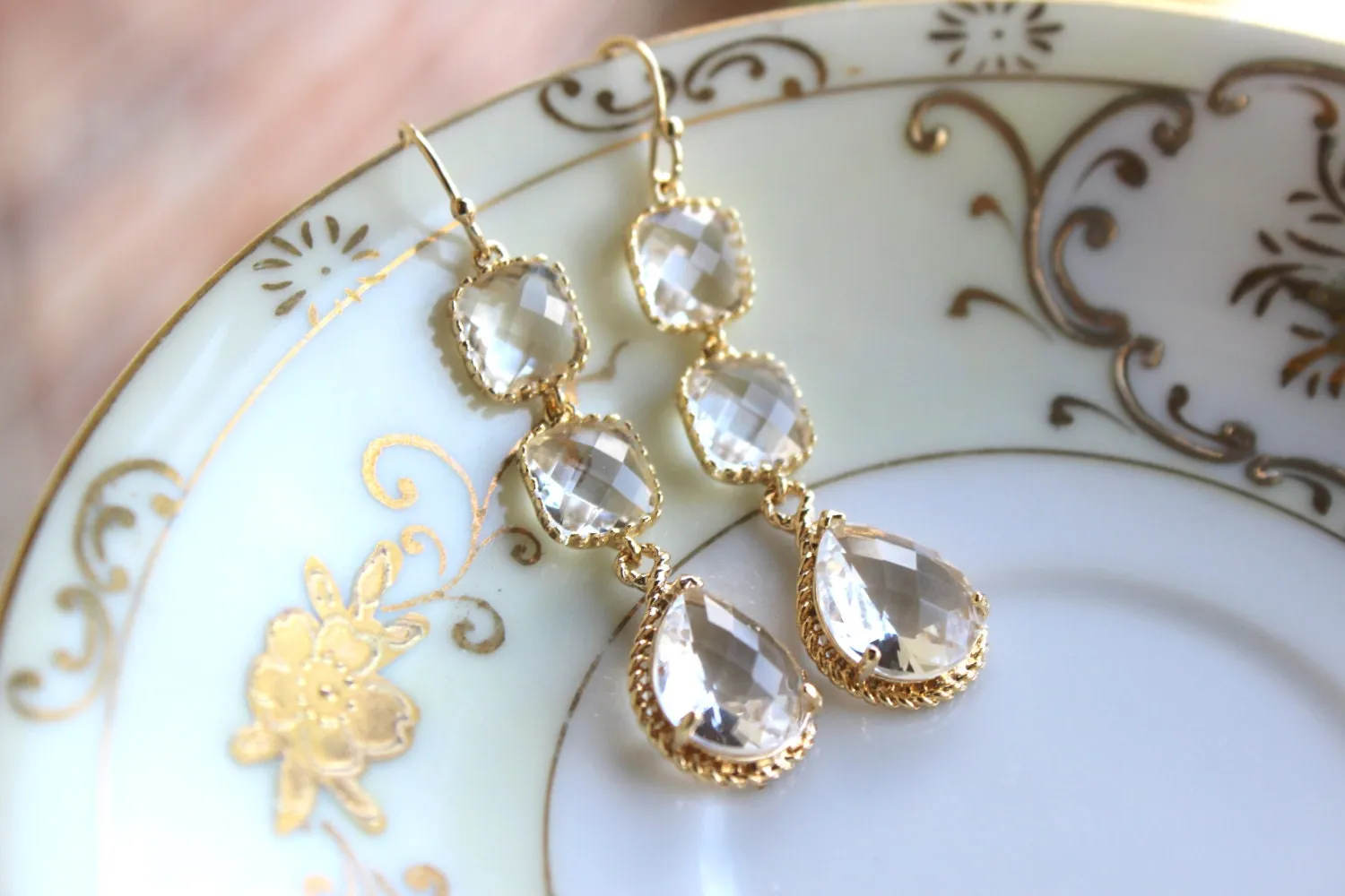 Crystal Earrings Gold Plated Clear Three Tier - Crystal Bridesmaid Jewelry - Wedding Earrings - Crystal Bridal Earrings - Christmas Gift