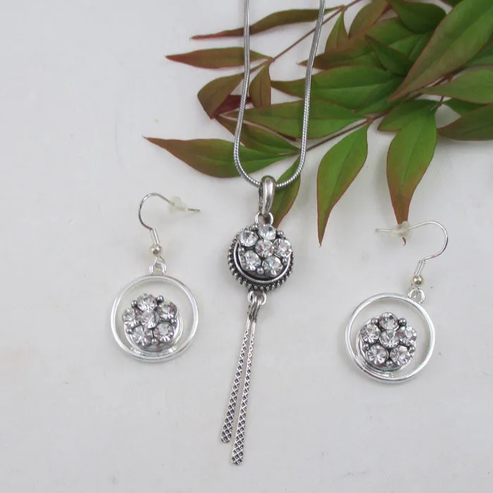 Crystal Rhinestone & Silver Pendant Necklace & Earrings