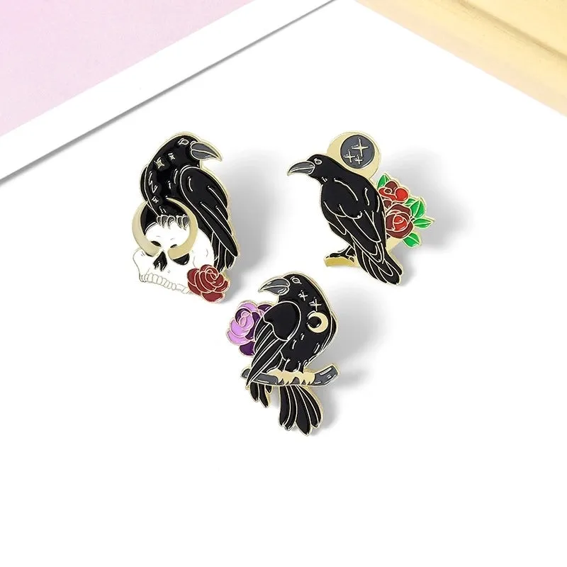 Cute Cartoon Animal Crow Alloy Rose Skull Brooch