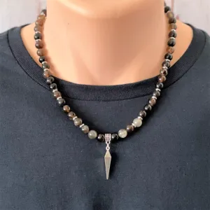 Dark Agate Mens Beaded Necklace with Silver Sphere