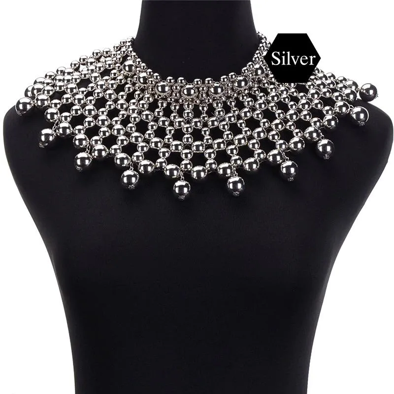 Egyptian Inspired Maxi Bib Collar Choker Necklace (Silver)