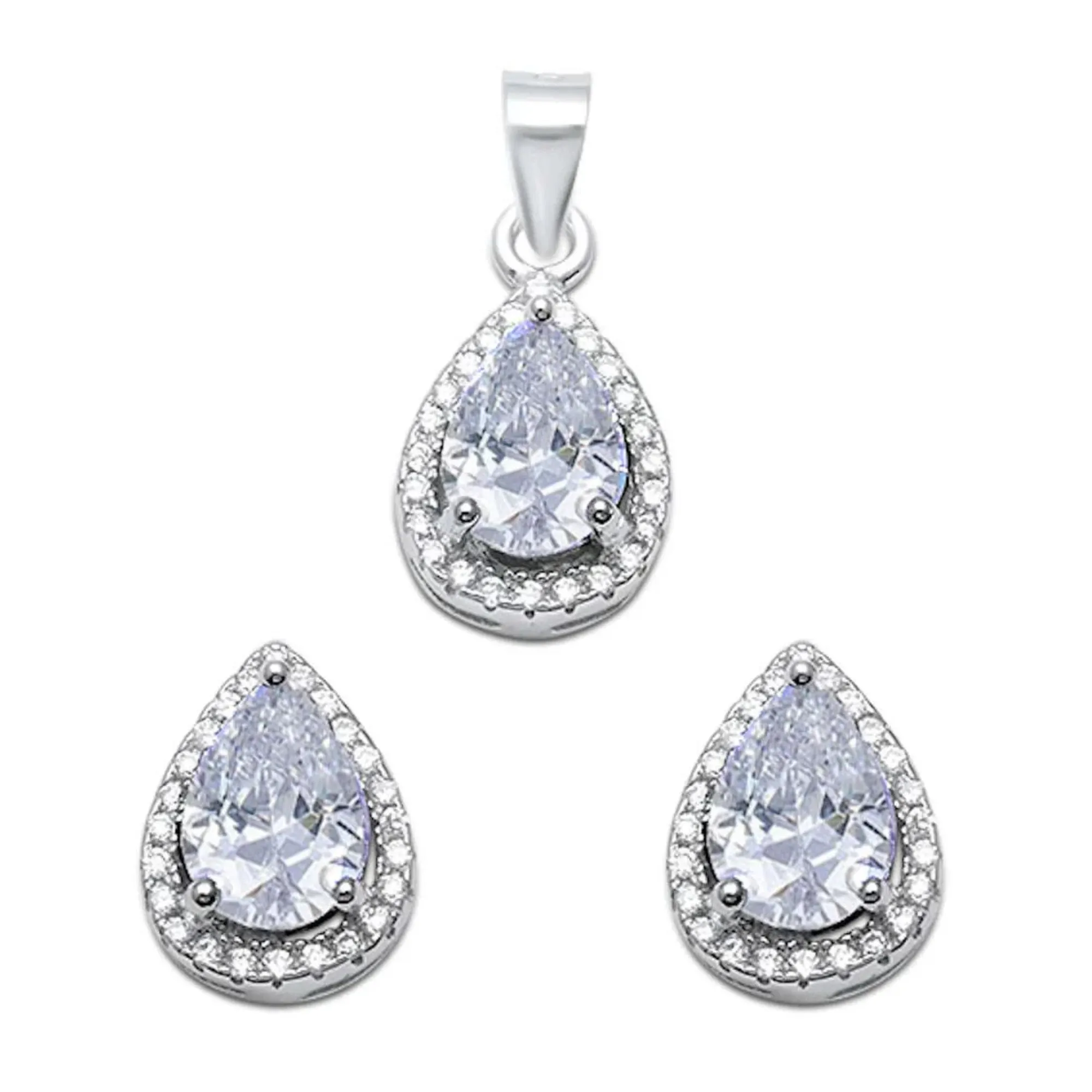 Fashion Women's 925 Sterling Silver Pear Shape Cubic Zirconia Pendant & Earring Set