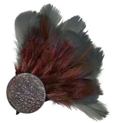 Feather Trim - Steel & Burgundy (One Left with Hand-Painted Button)