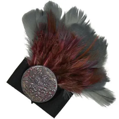 Feather Trim - Steel & Burgundy (One Left with Hand-Painted Button)