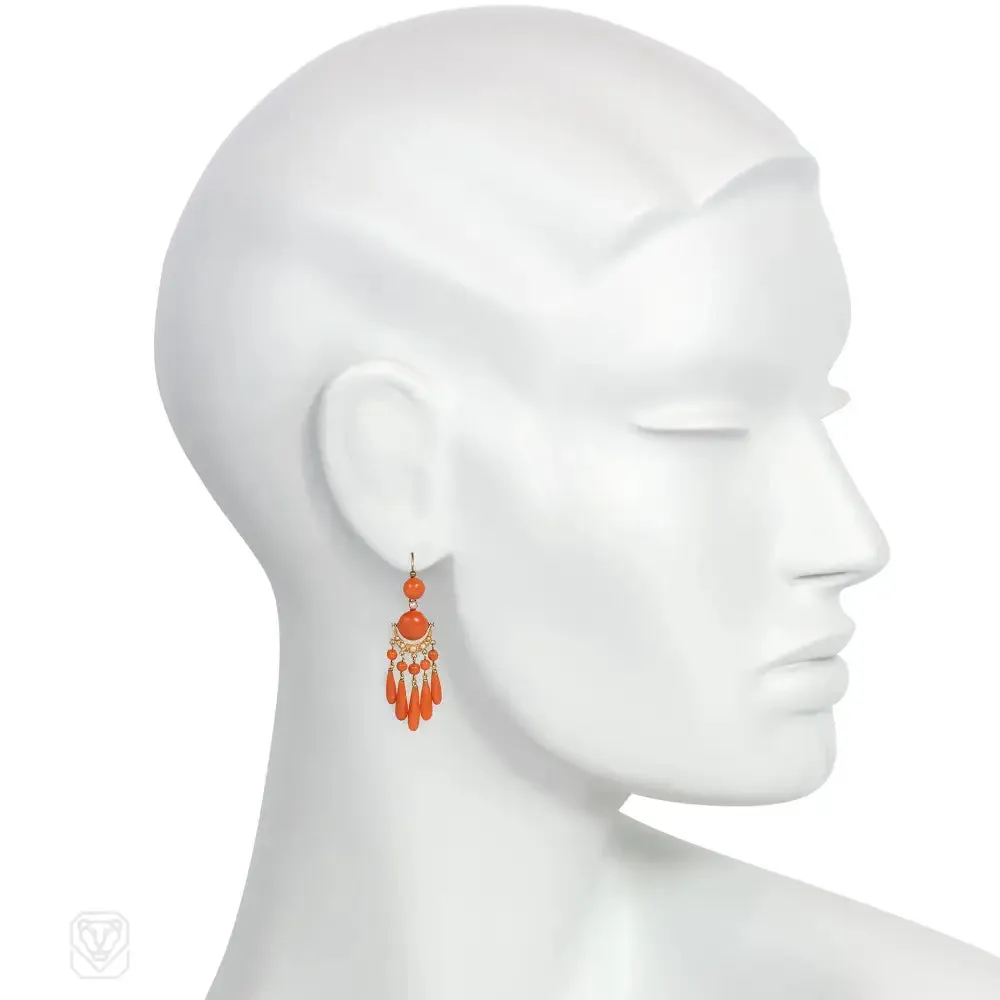 French antique coral and pearl fringe pendant earrings