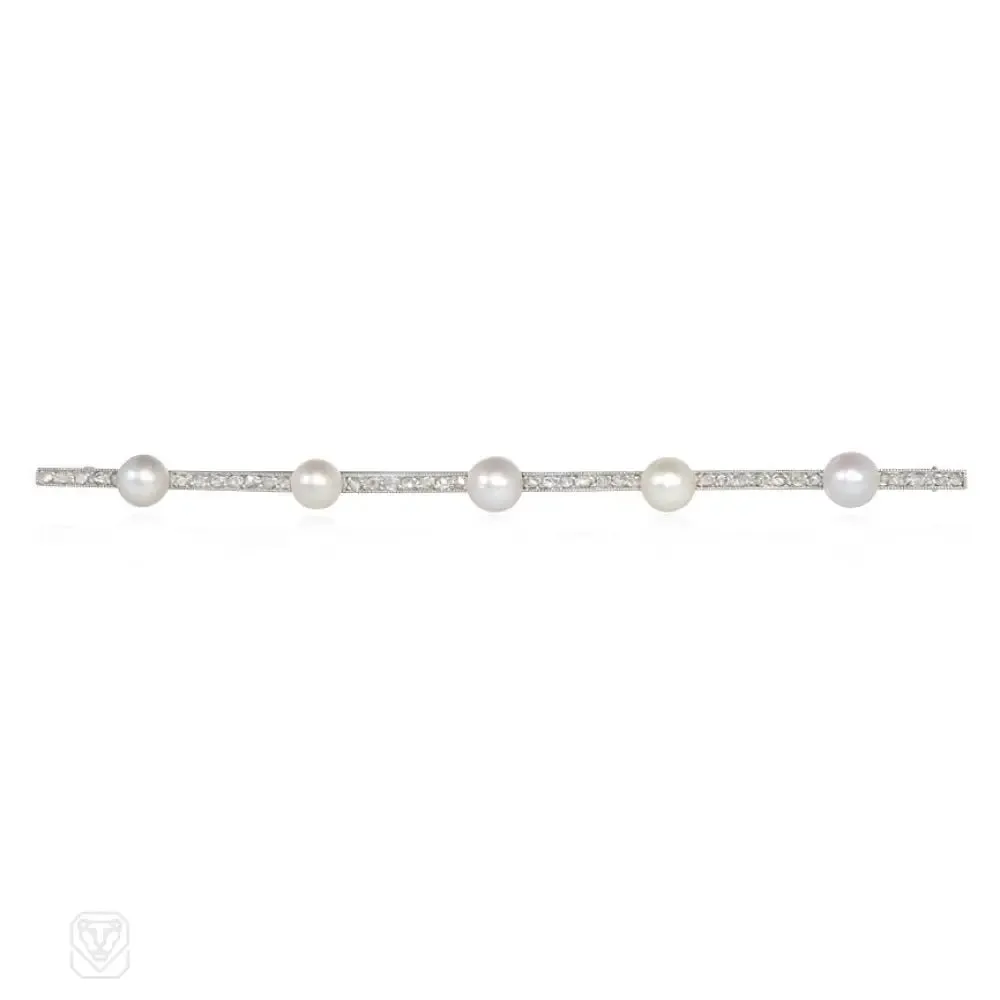 French Art Deco diamond and pearl bar brooch