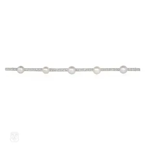 French Art Deco diamond and pearl bar brooch