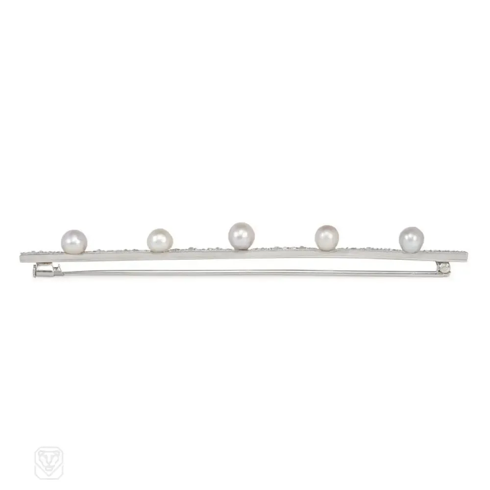 French Art Deco diamond and pearl bar brooch