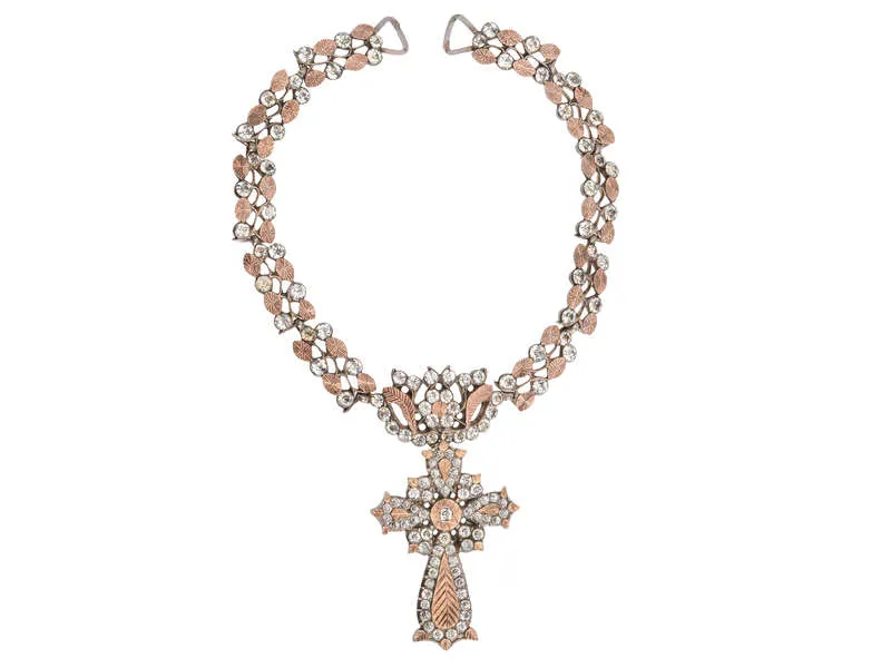 French Paste Rose Gold & Silver Collar & Cross c. 1840