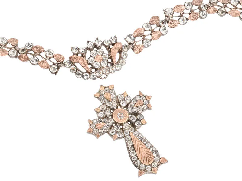 French Paste Rose Gold & Silver Collar & Cross c. 1840