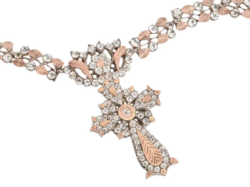 French Paste Rose Gold & Silver Collar & Cross c. 1840