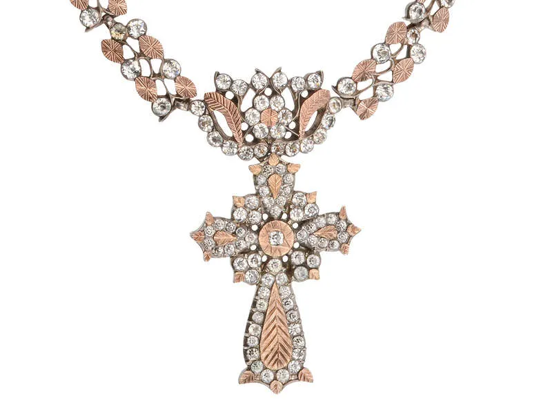 French Paste Rose Gold & Silver Collar & Cross c. 1840