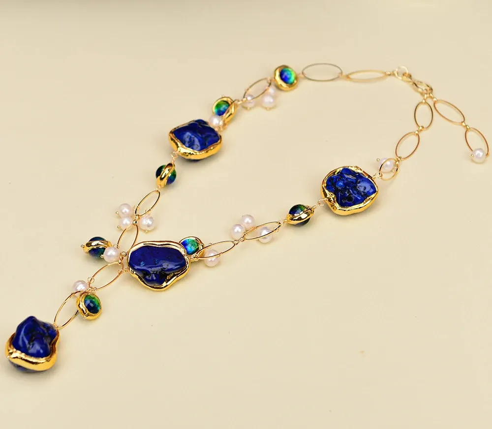 Freshwater Cultured White Pearl, Blue and Red Murano Glass, Gold Plated Edge Blue Turquoise