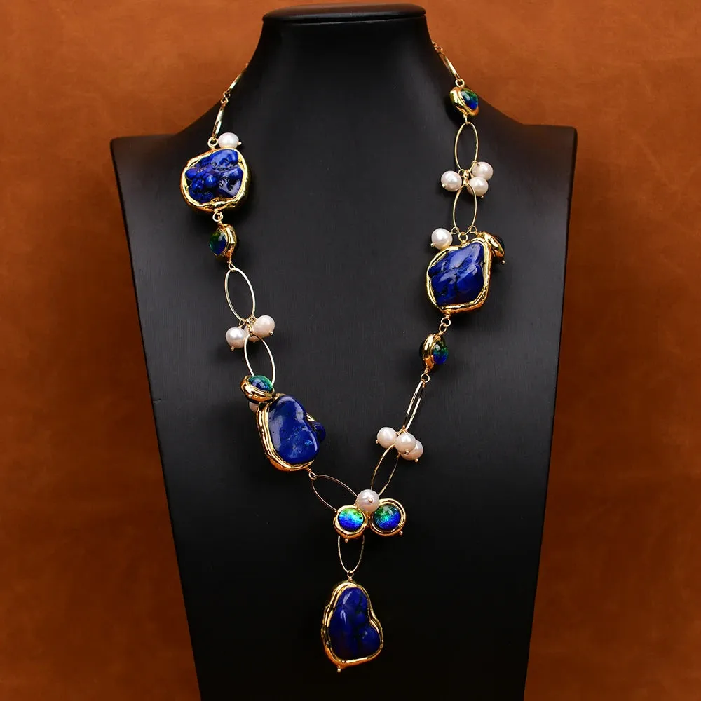 Freshwater Cultured White Pearl, Blue and Red Murano Glass, Gold Plated Edge Blue Turquoise