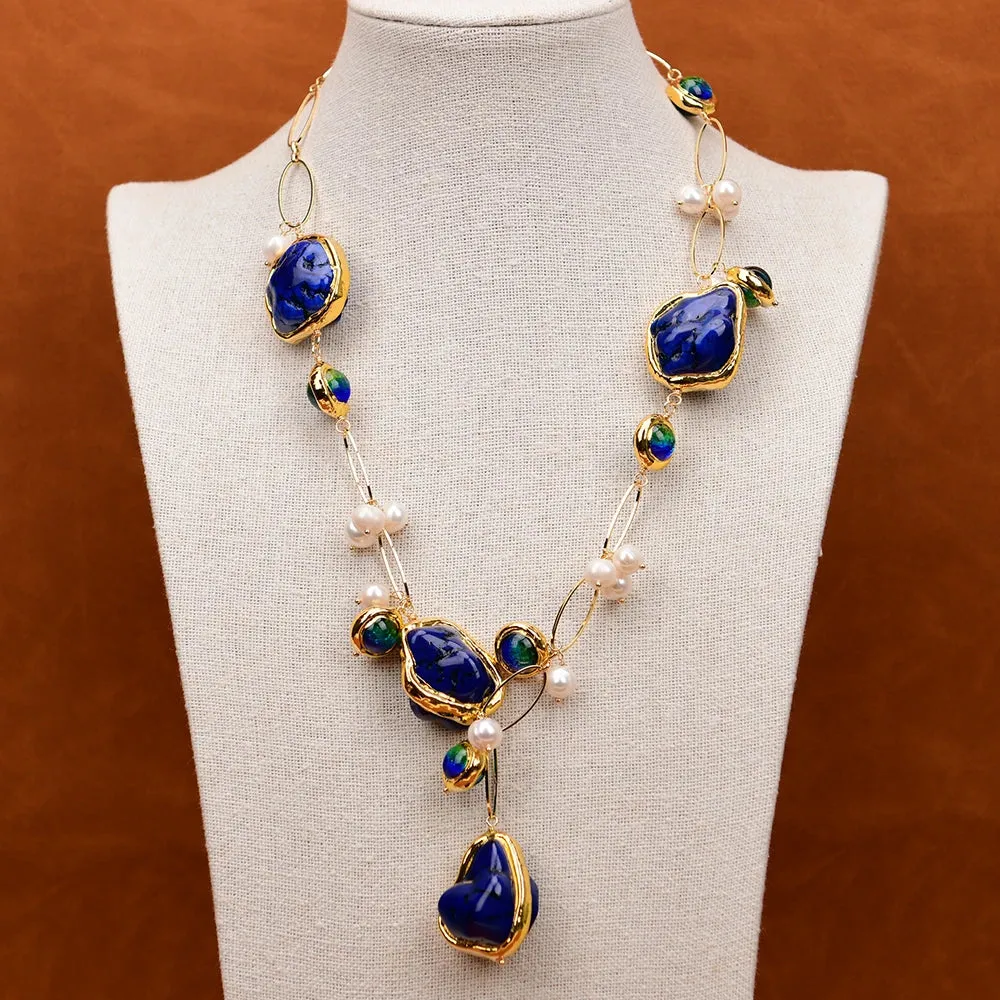 Freshwater Cultured White Pearl, Blue and Red Murano Glass, Gold Plated Edge Blue Turquoise