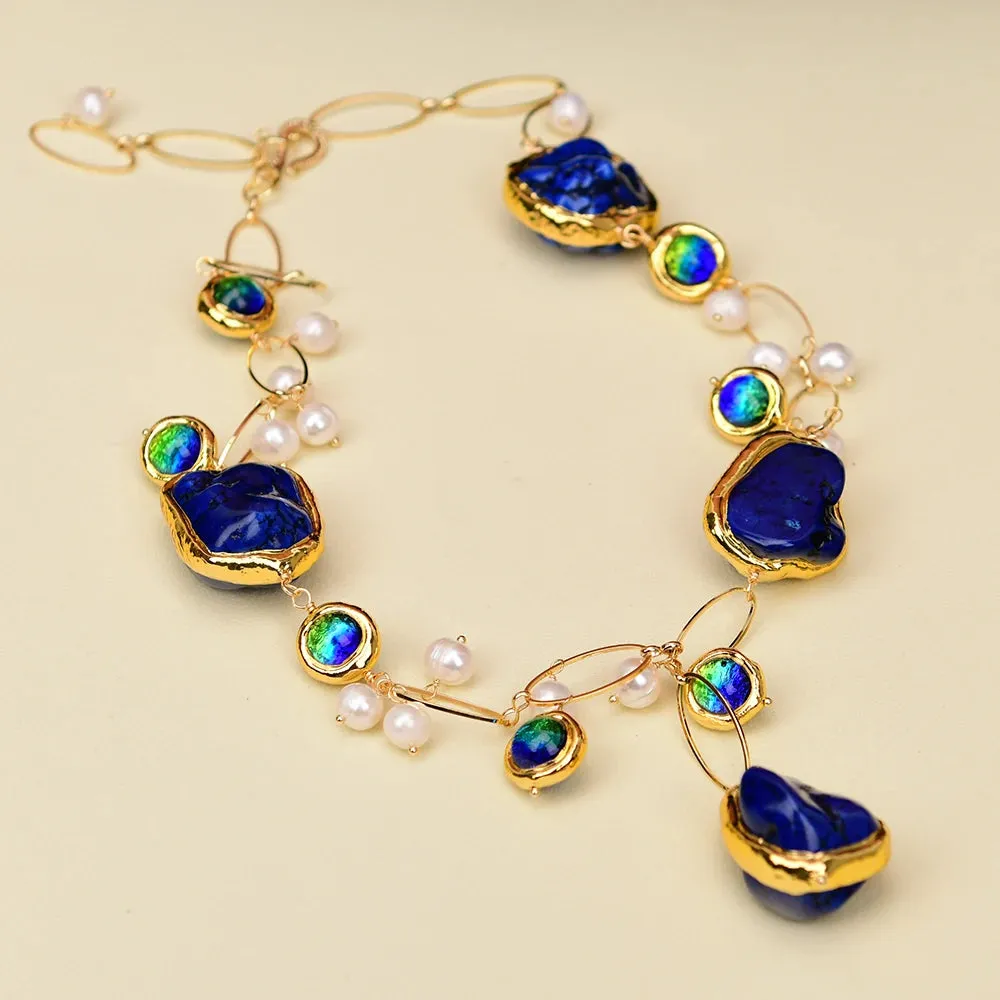 Freshwater Cultured White Pearl, Blue and Red Murano Glass, Gold Plated Edge Blue Turquoise