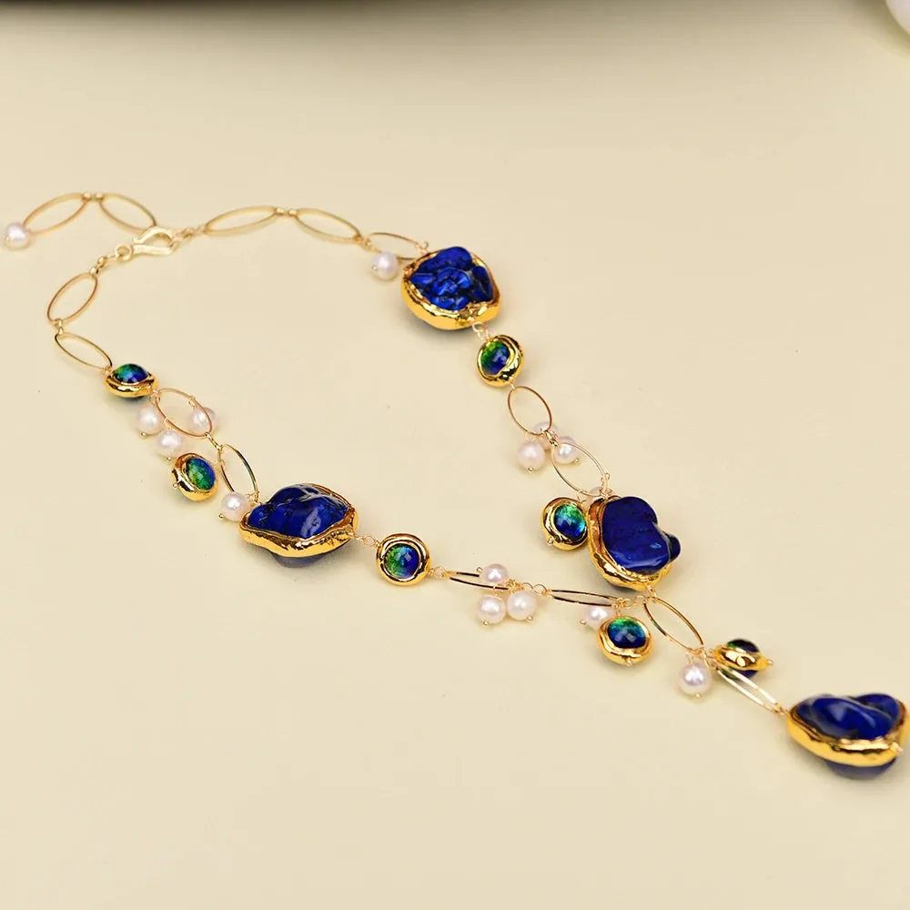 Freshwater Cultured White Pearl, Blue and Red Murano Glass, Gold Plated Edge Blue Turquoise