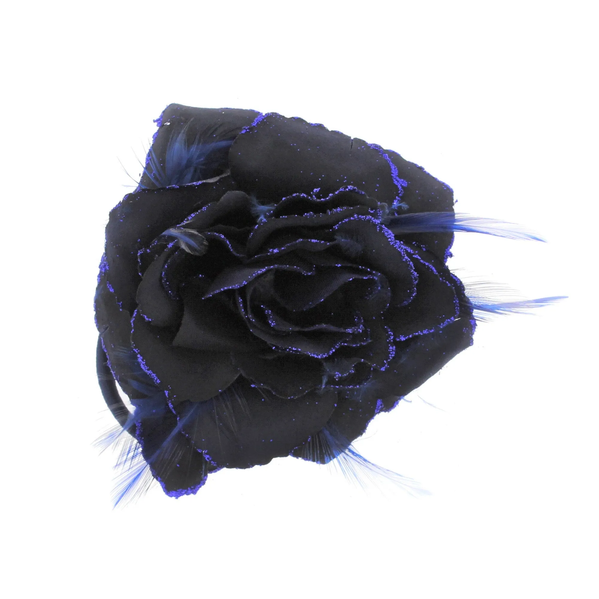 Glitter Hair Rose with Feathers on Concord Clip, Elastic & Brooch Pin