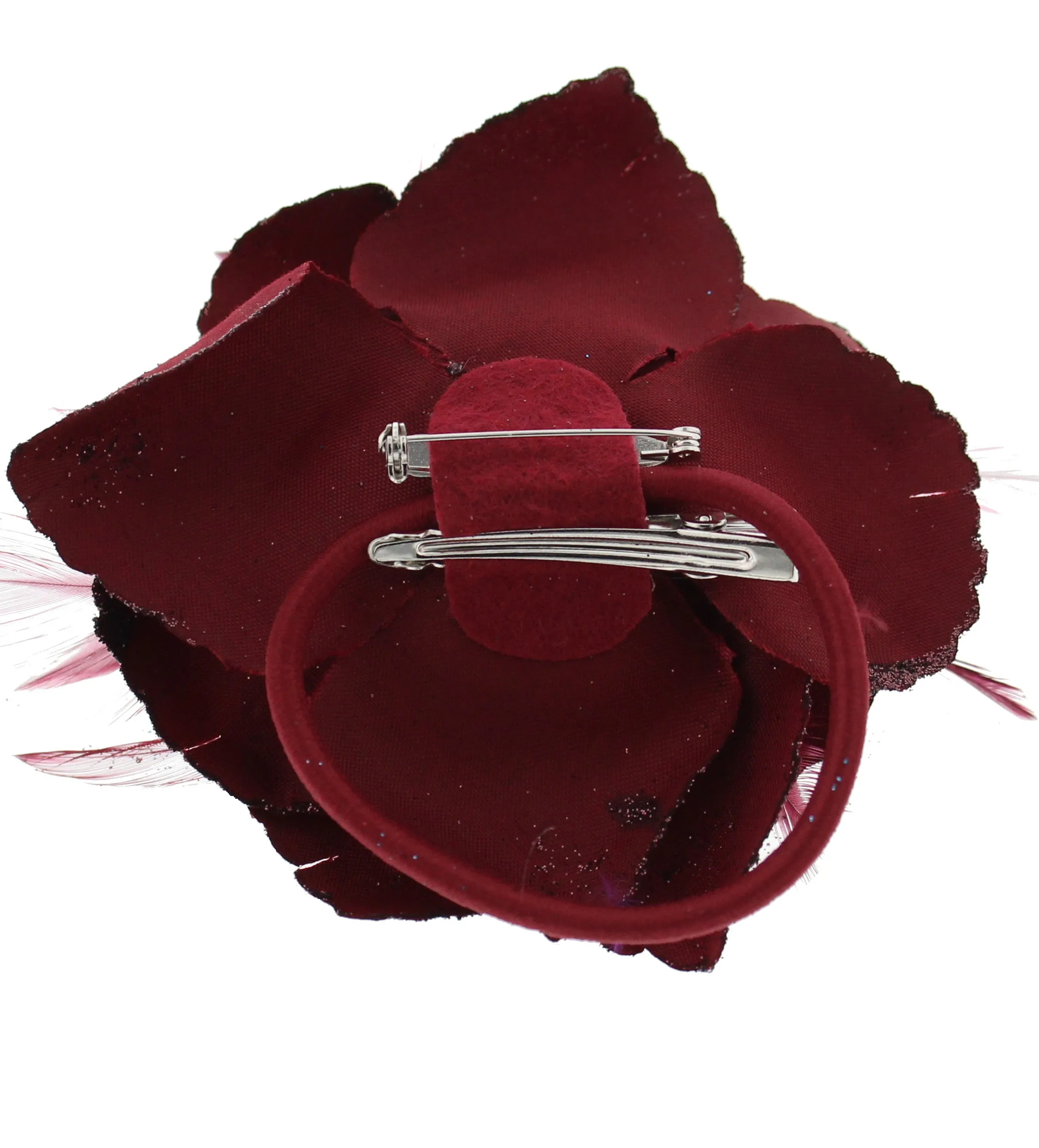 Glitter Hair Rose with Feathers on Concord Clip, Elastic & Brooch Pin