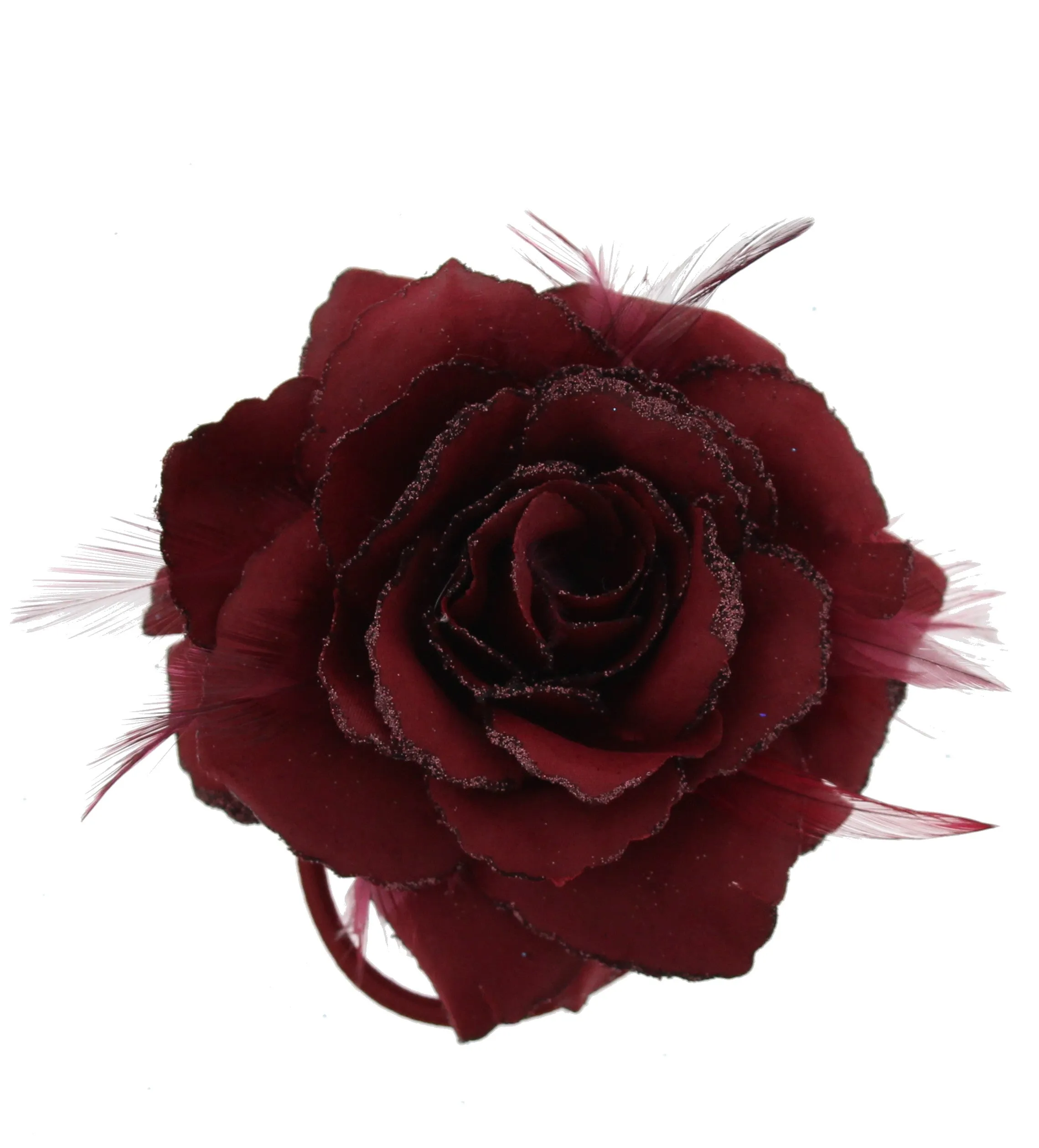 Glitter Hair Rose with Feathers on Concord Clip, Elastic & Brooch Pin