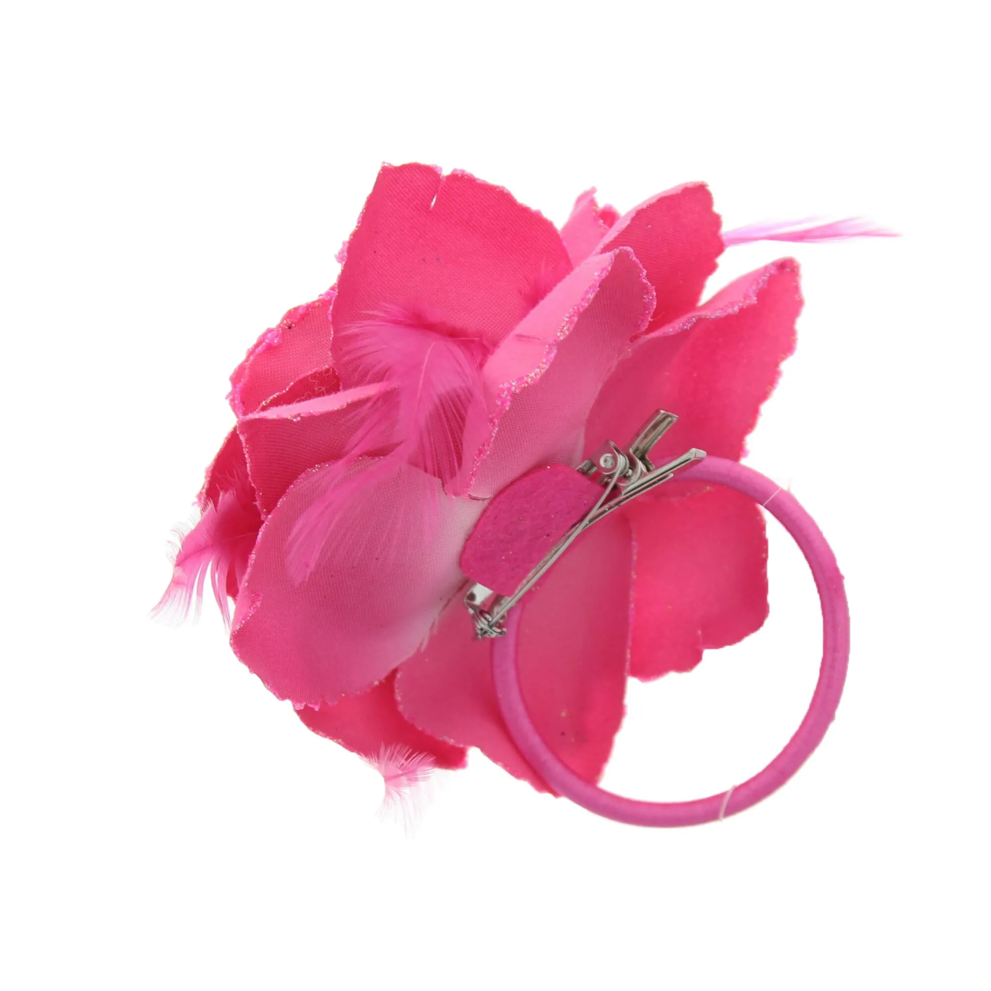 Glitter Hair Rose with Feathers on Concord Clip, Elastic & Brooch Pin