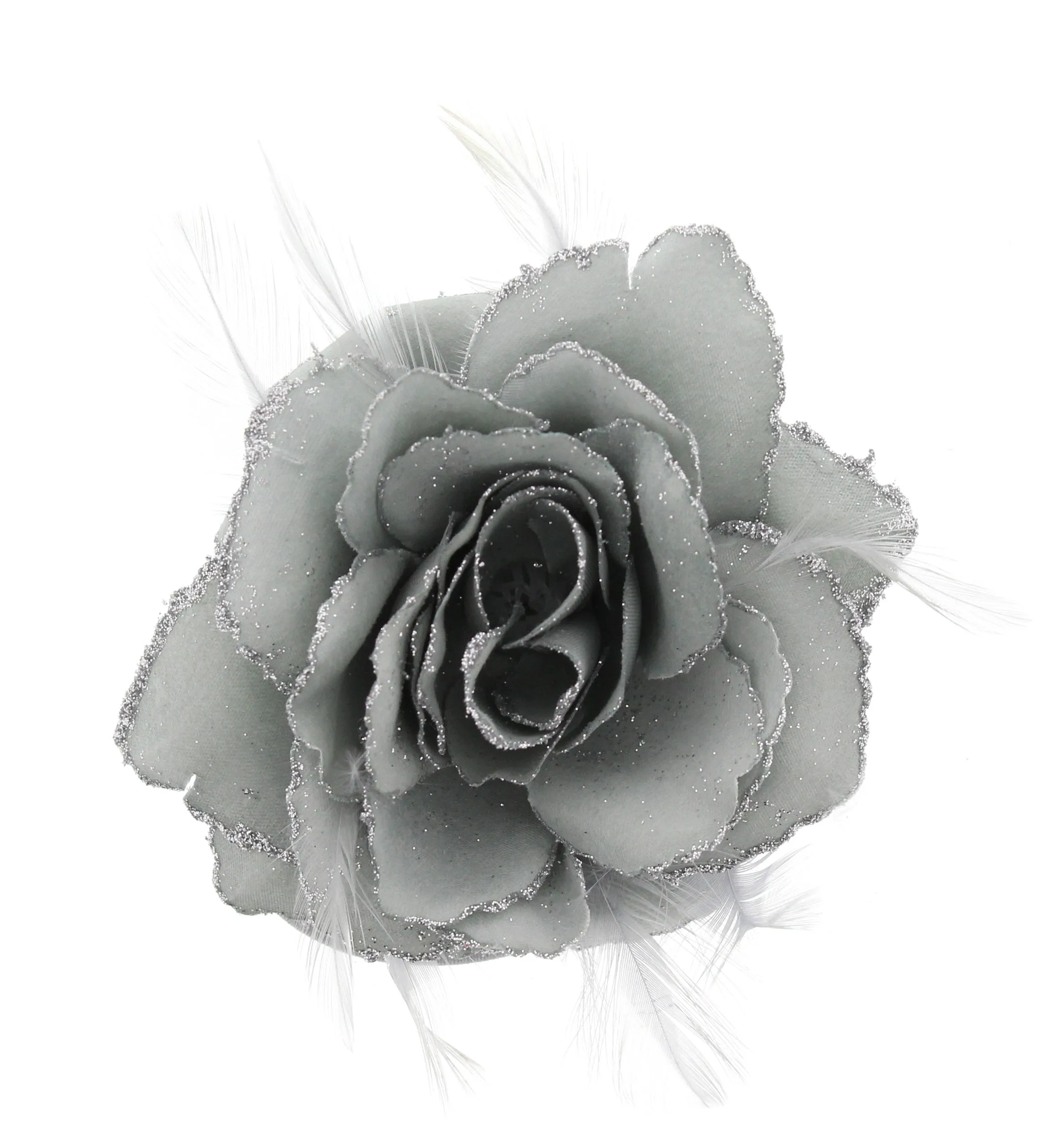 Glitter Hair Rose with Feathers on Concord Clip, Elastic & Brooch Pin