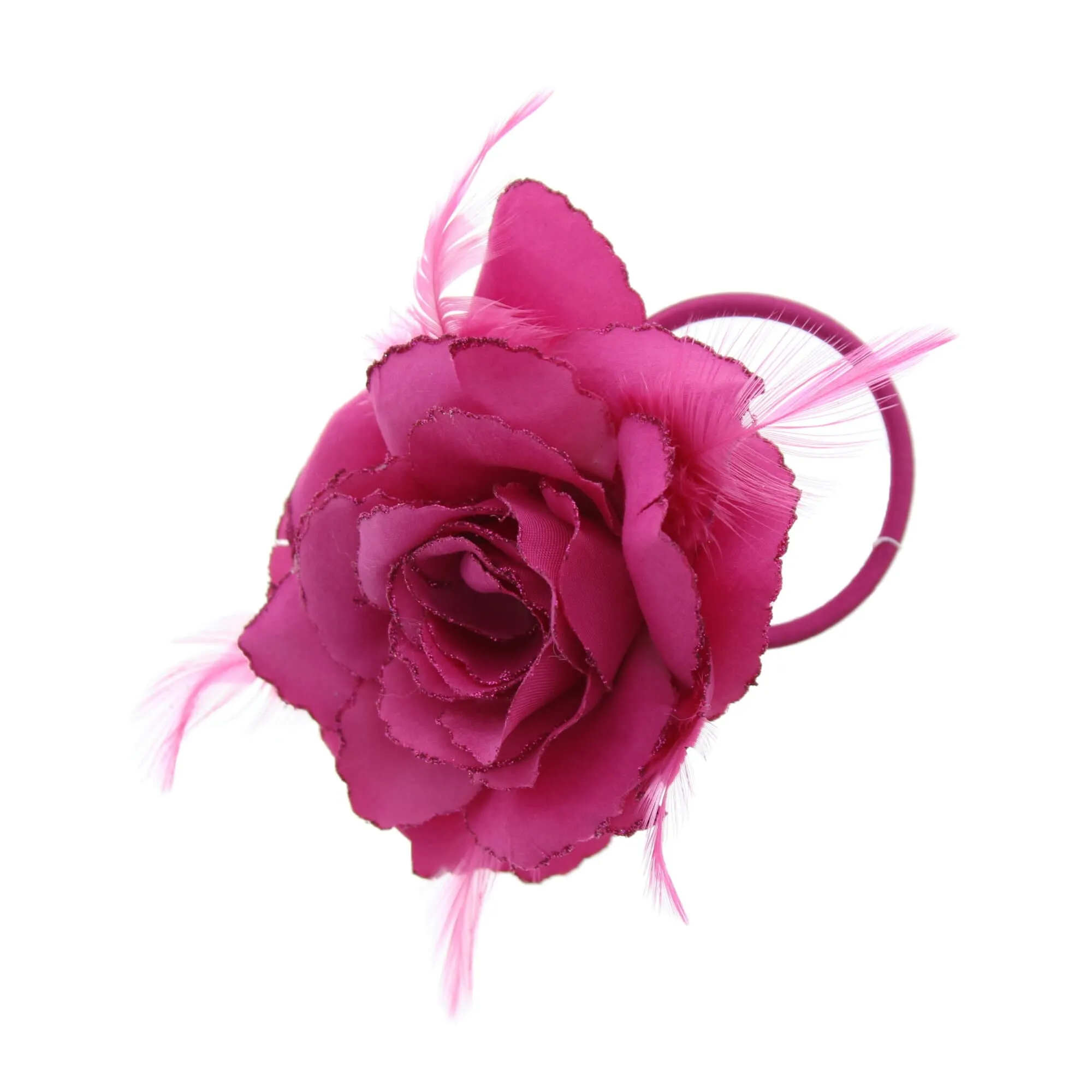 Glitter Hair Rose with Feathers on Concord Clip, Elastic & Brooch Pin