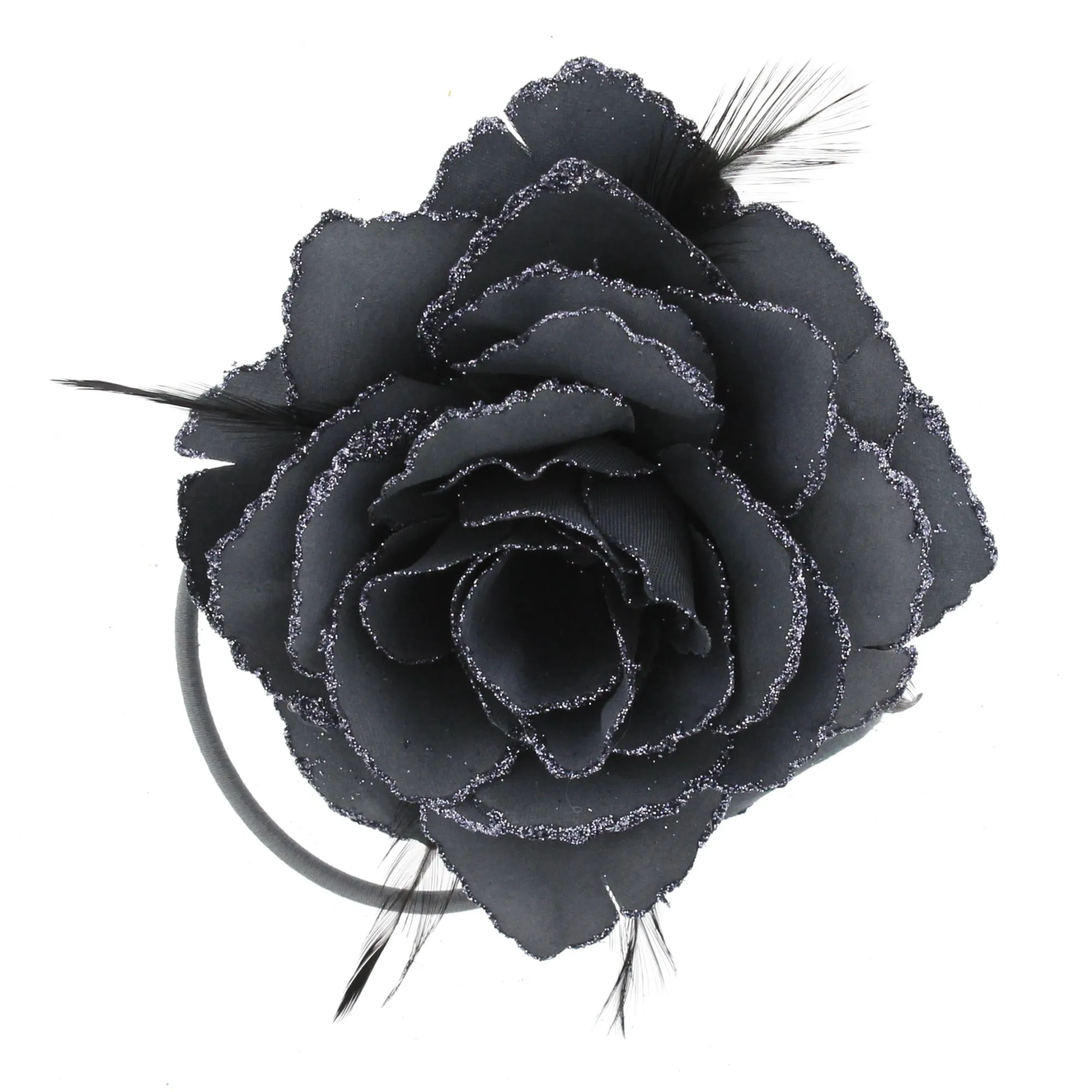 Glitter Hair Rose with Feathers on Concord Clip, Elastic & Brooch Pin