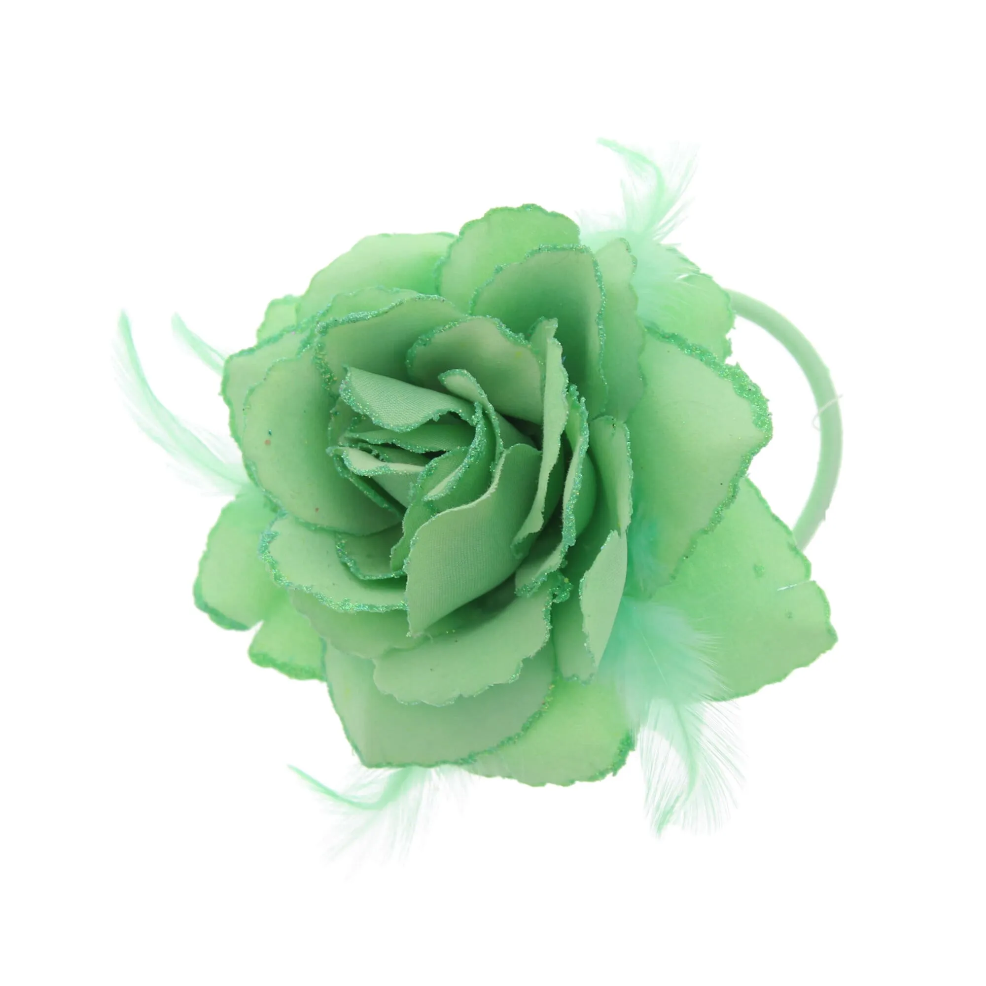 Glitter Hair Rose with Feathers on Concord Clip, Elastic & Brooch Pin