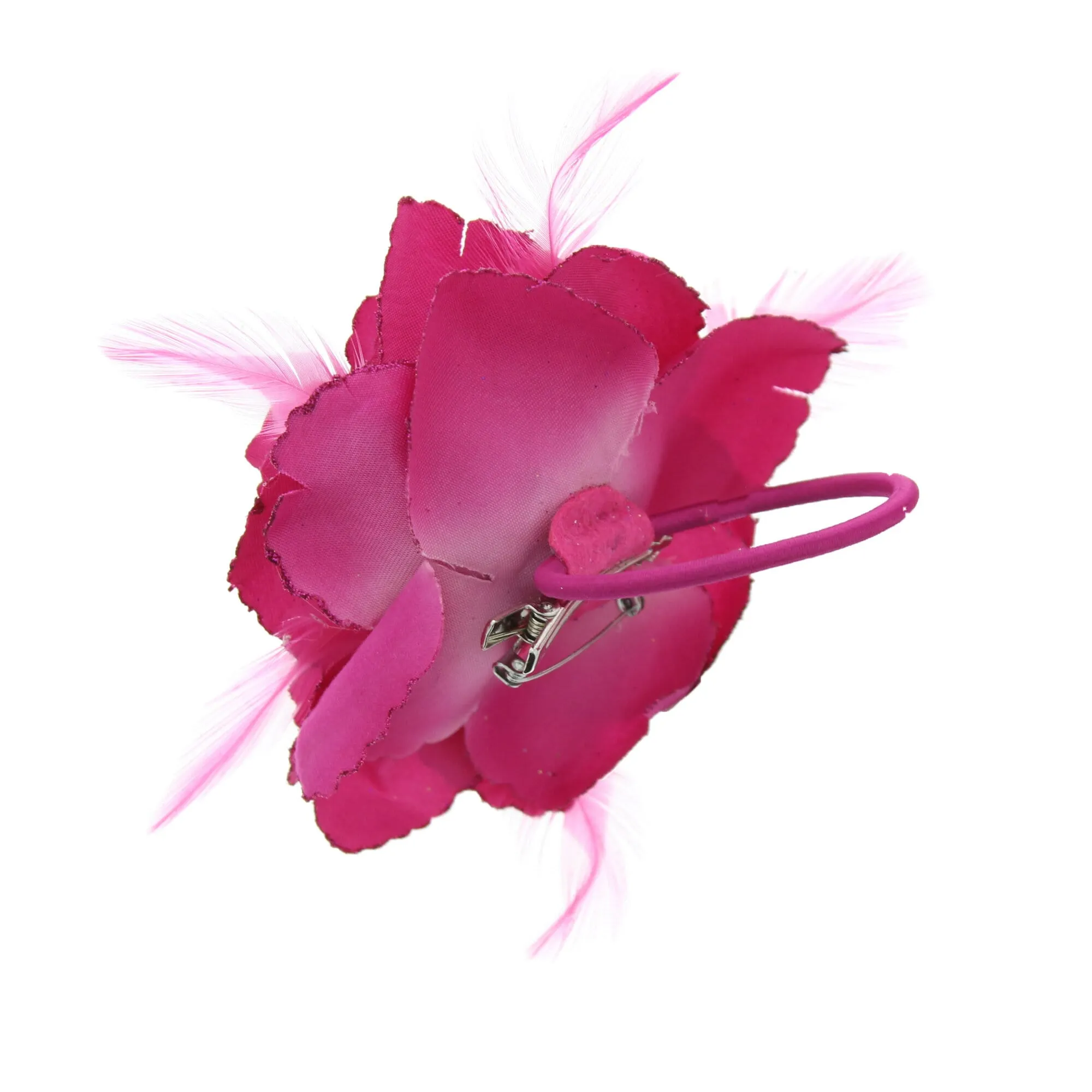 Glitter Hair Rose with Feathers on Concord Clip, Elastic & Brooch Pin