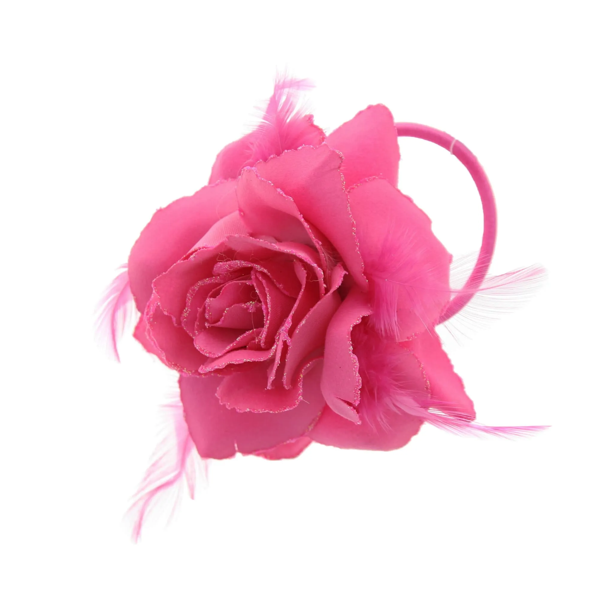 Glitter Hair Rose with Feathers on Concord Clip, Elastic & Brooch Pin