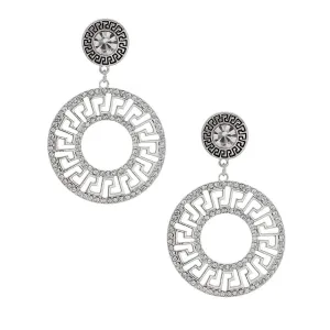 Greek Key Round Silver Tone Sparkle Drop Earrings