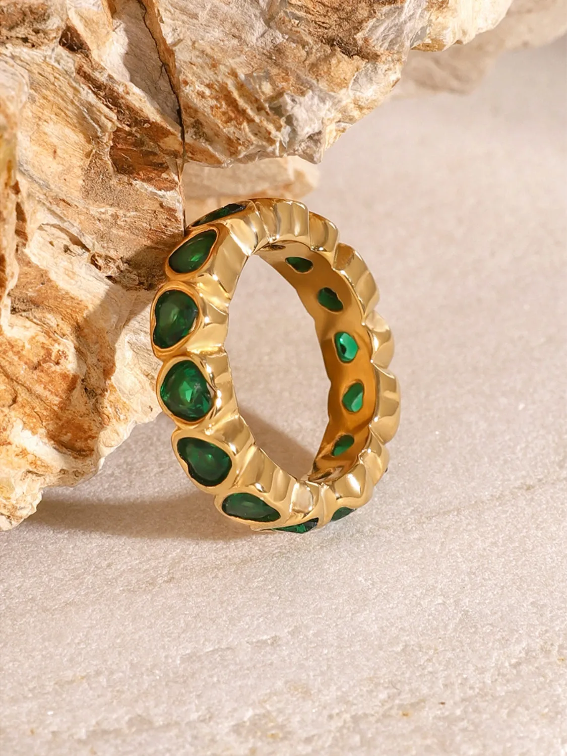 Green CZ Heart Ring - Gold Plated Elegance