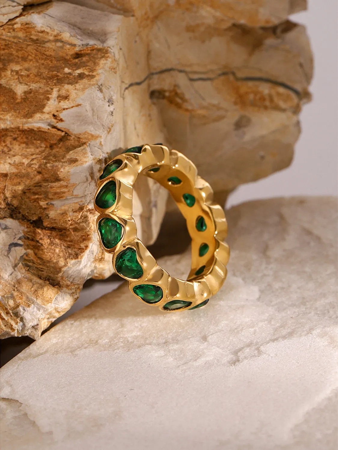 Green CZ Heart Ring - Gold Plated Elegance