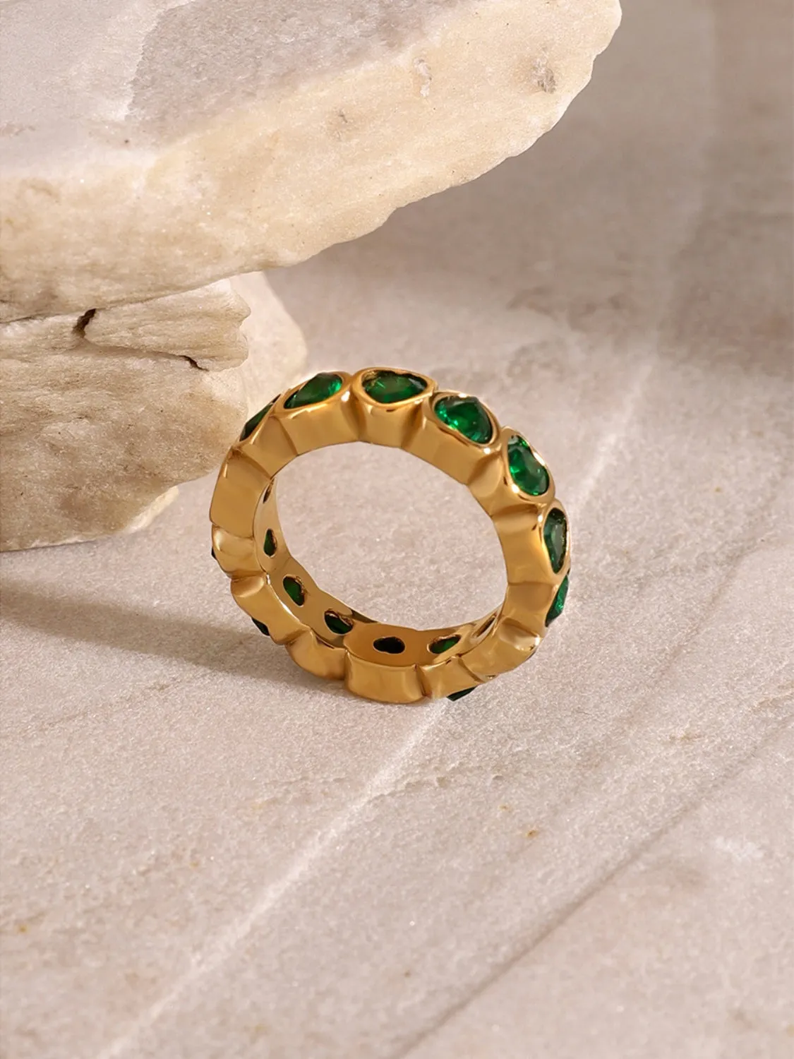 Green CZ Heart Ring - Gold Plated Elegance