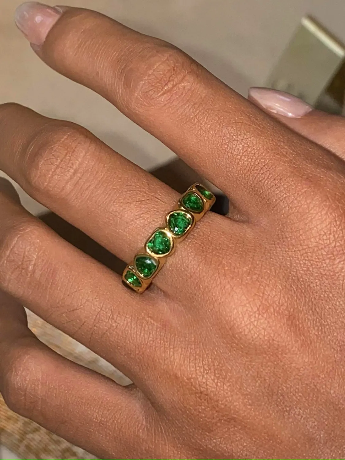 Green CZ Heart Ring - Gold Plated Elegance