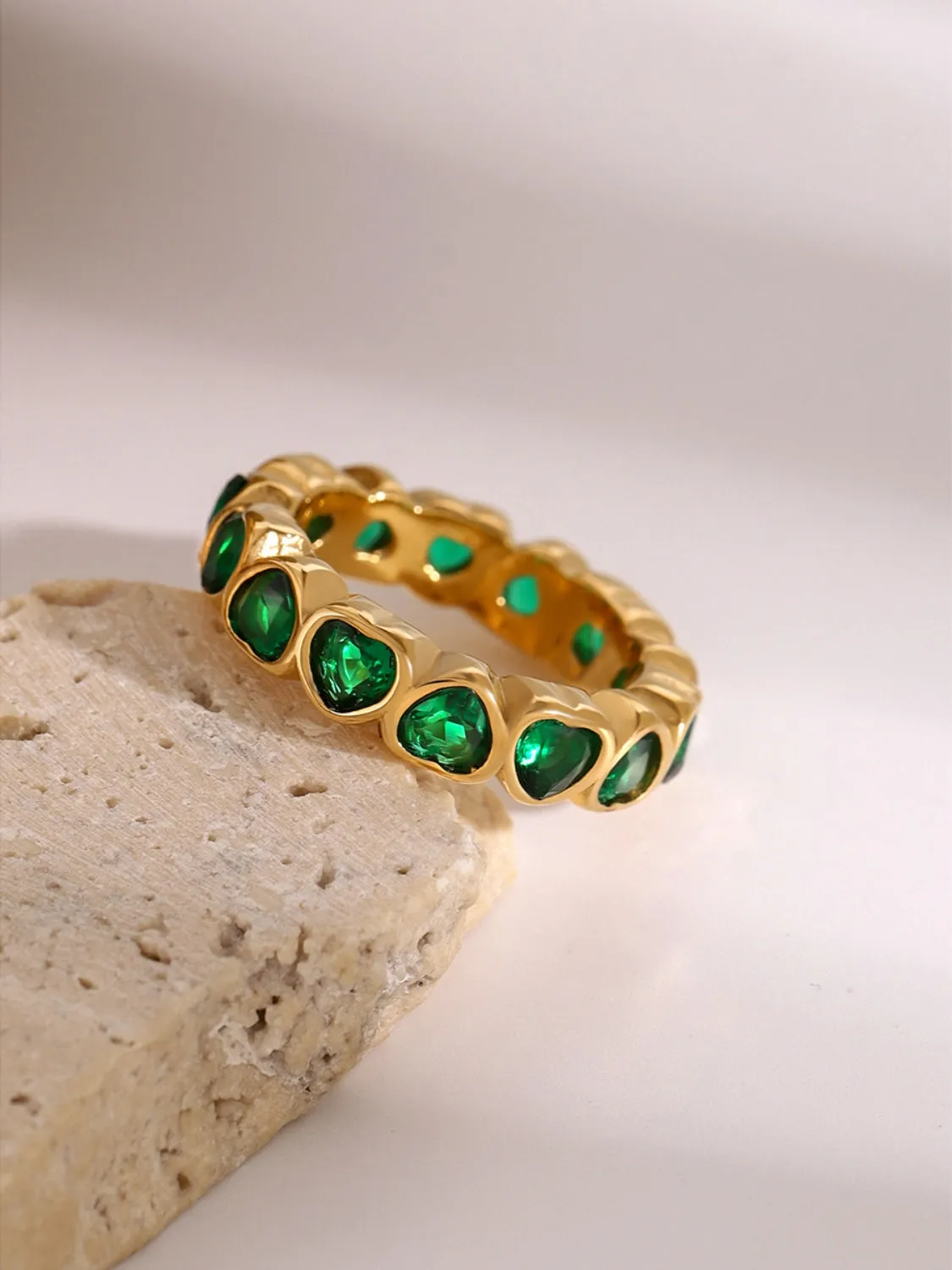 Green CZ Heart Ring - Gold Plated Elegance