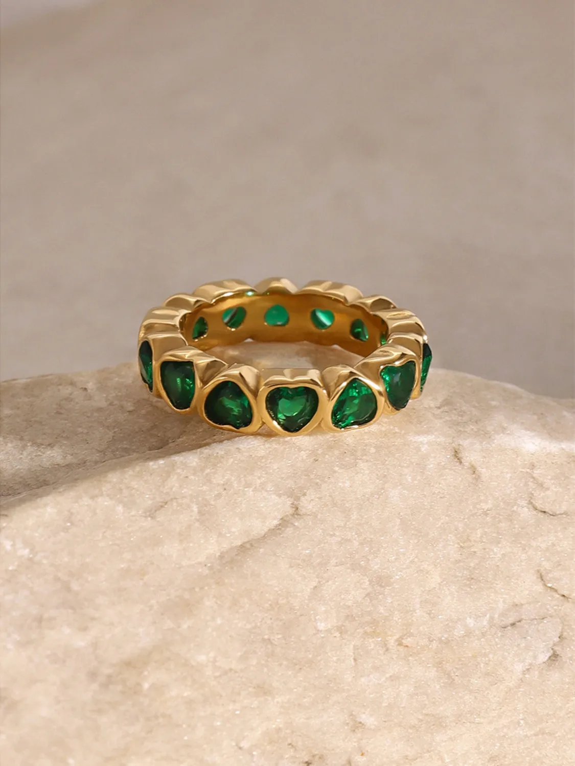 Green CZ Heart Ring - Gold Plated Elegance