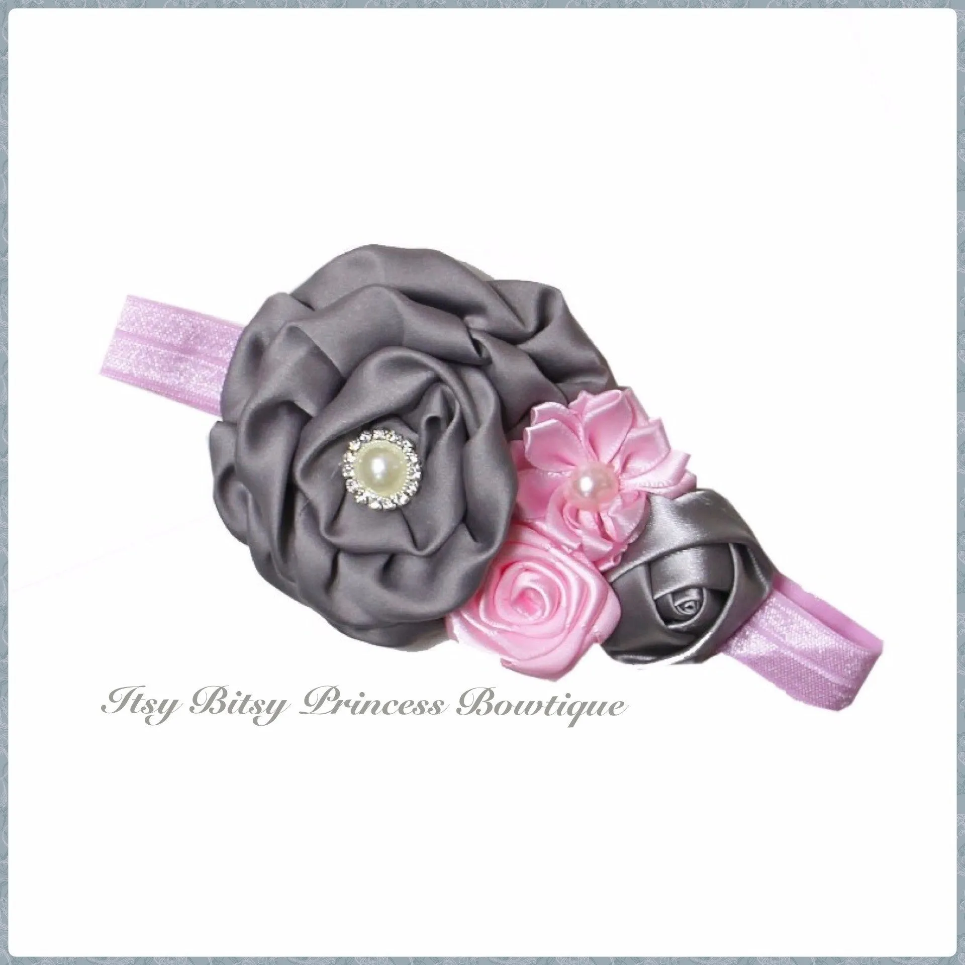 Grey & Light Pink Rosettes Headbands