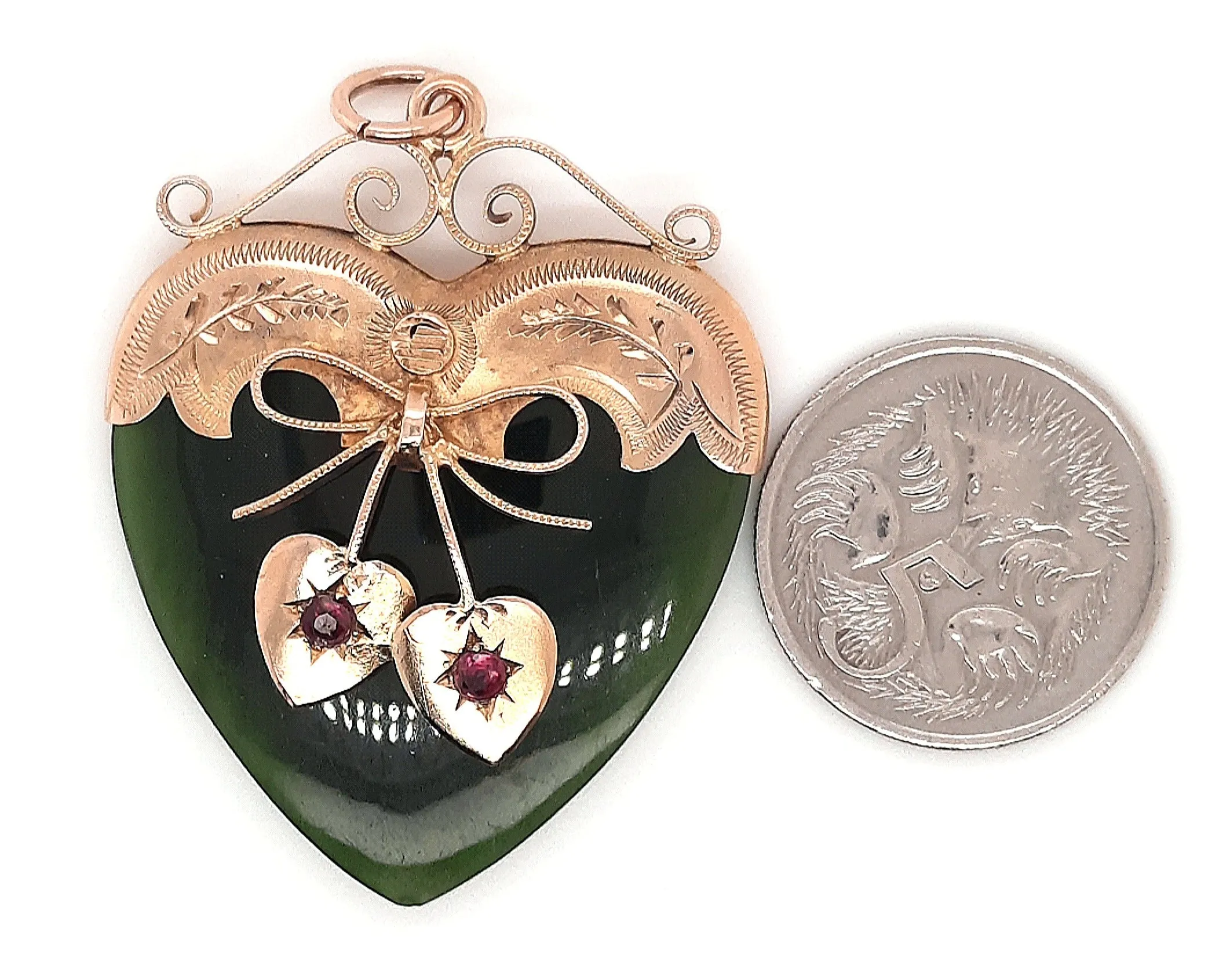 Handmade Nephrite Jade & Ruby Heart Shaped Pendant with Yellow Gold