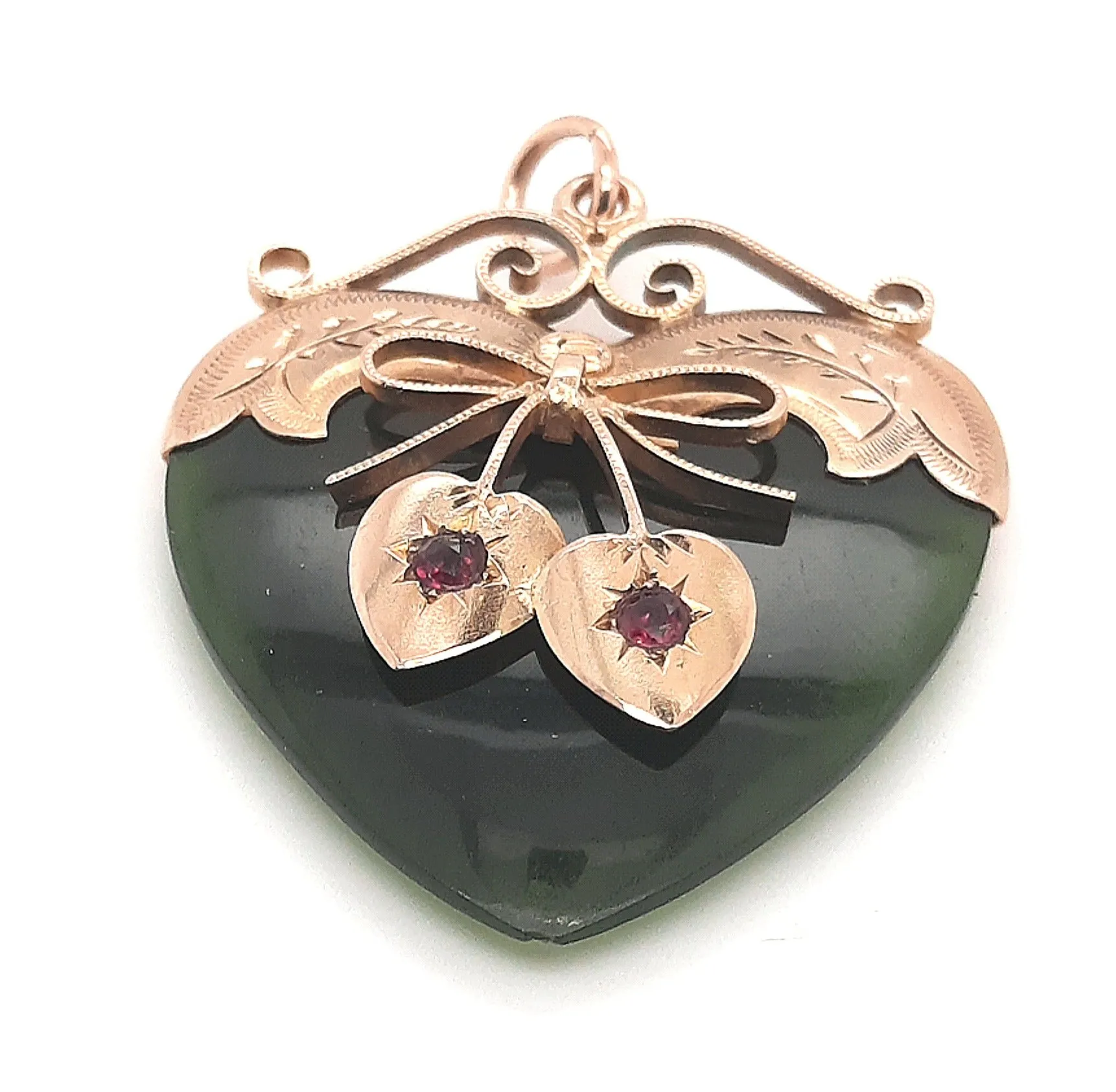 Handmade Nephrite Jade & Ruby Heart Shaped Pendant with Yellow Gold