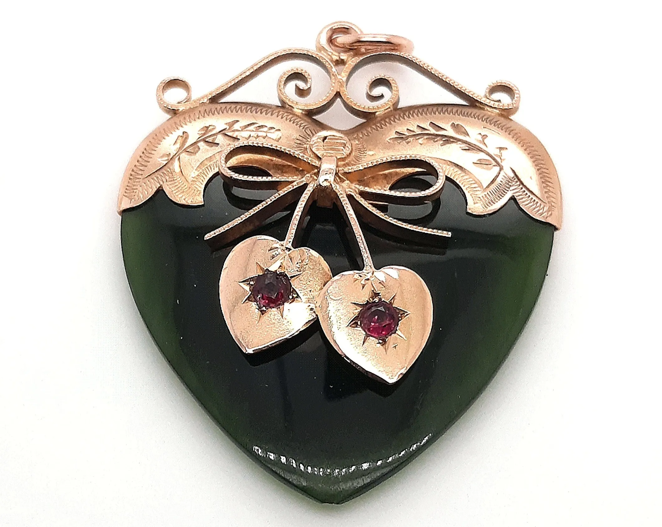 Handmade Nephrite Jade & Ruby Heart Shaped Pendant with Yellow Gold